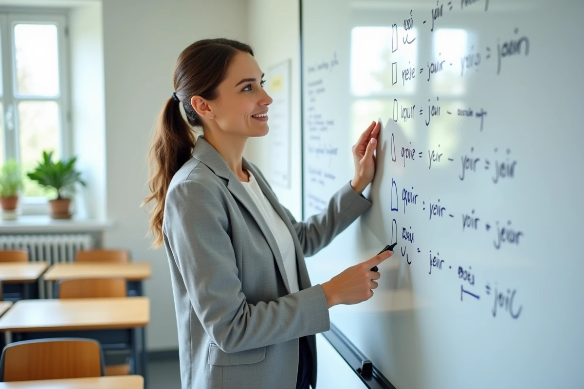 Professeure de français présentant les conjugaisons du verbe au tableau blanc dans une salle de classe