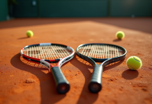 Raquettes de tennis sur court ensoleille avec balles