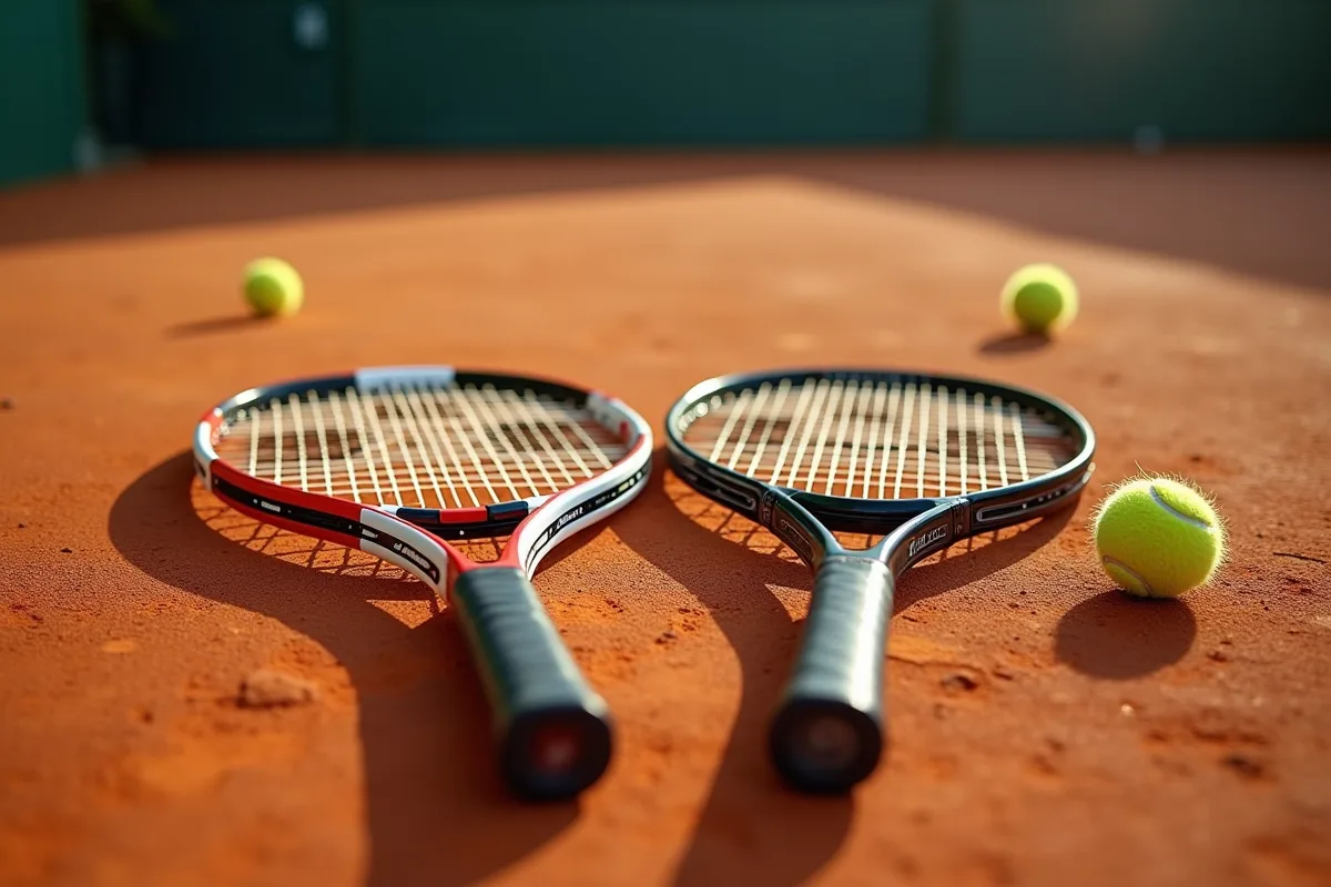 Raquettes de tennis sur court ensoleille avec balles