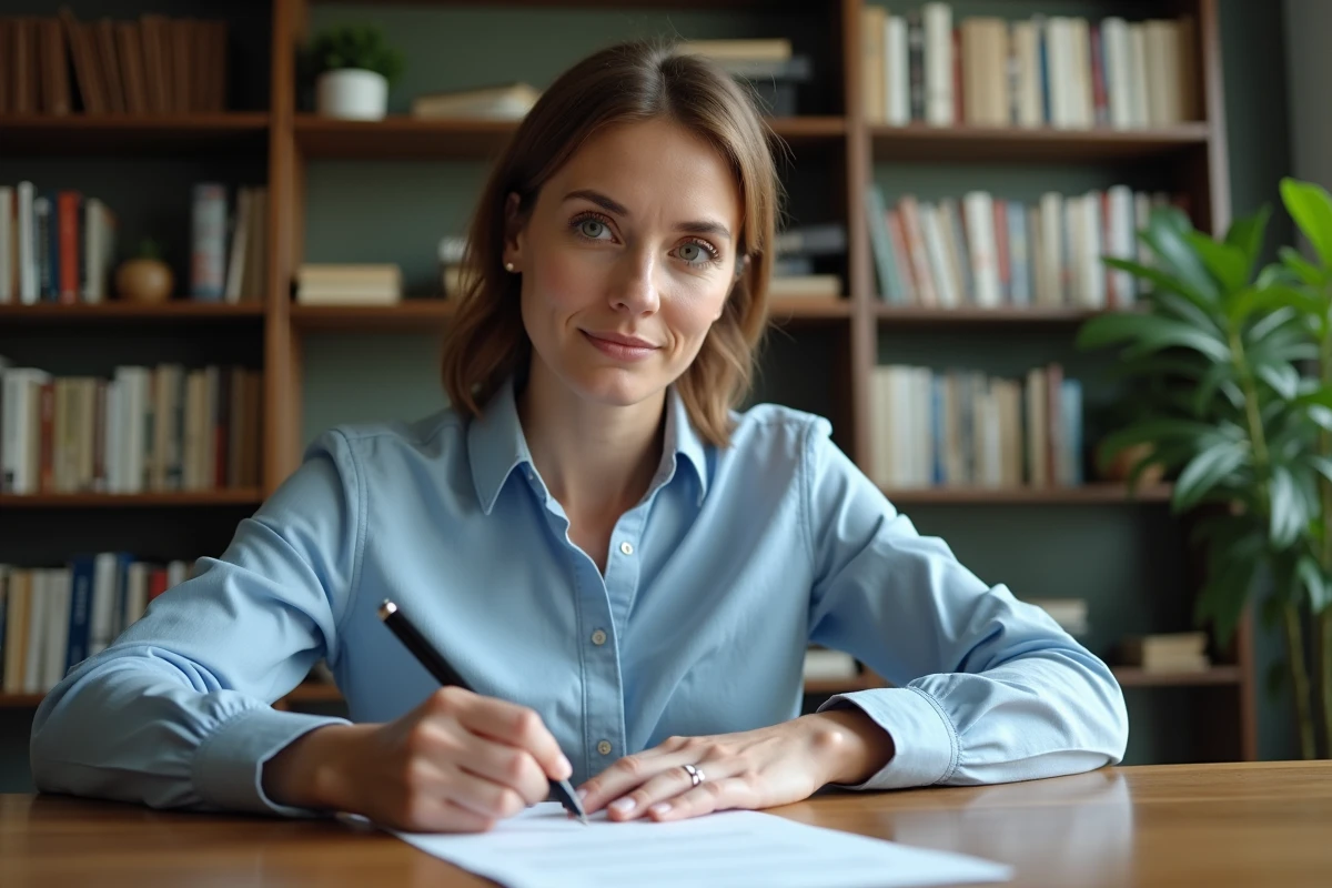 Femme rédigeant une lettre recommandée manuscrite à son bureau à domicile avec un stylo plume