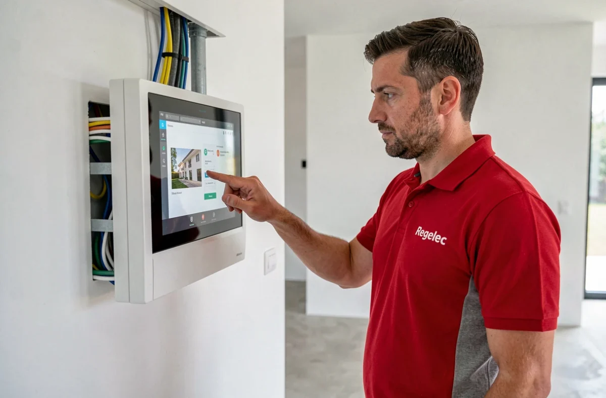 Technicien Regelec 34 programmant un tableau domotique dans une villa moderne à Montpellier