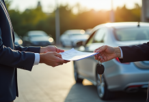Homme remettant des clés de voiture et documents en extérieur