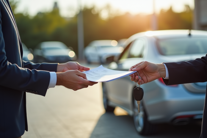Homme remettant des clés de voiture et documents en extérieur
