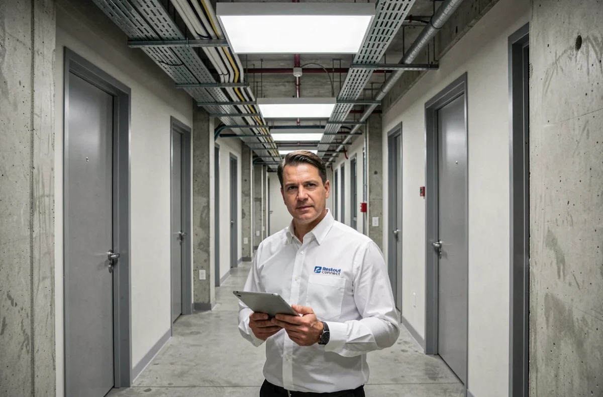 Technicien de Restout Connect dans un couloir commercial avec chemins de câbles, intervention électrique professionnelle