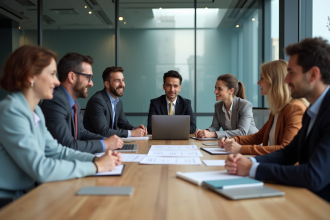 Groupe de professionnels discutant autour d'une table de réunion