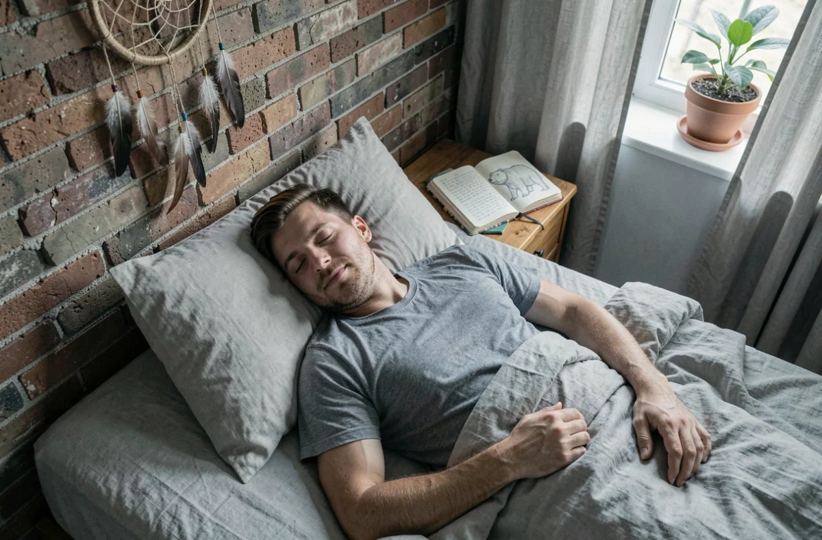 Homme endormi avec un journal de rêves illustré d'un ours et un attrape-rêves au mur au-dessus de lui
