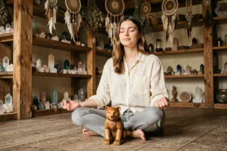 Femme en méditation devant un totem ours en bois sculpté dans un intérieur rustique spirituel
