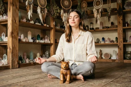 Femme en méditation devant un totem ours en bois sculpté dans un intérieur rustique spirituel