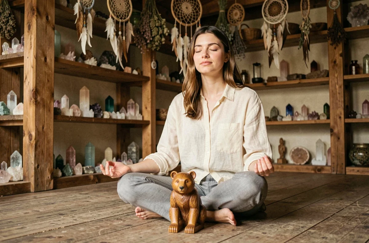 Femme en méditation devant un totem ours en bois sculpté dans un intérieur rustique spirituel