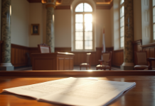 Intérieur d'un tribunal français avec colonnes en marbre et bancs en bois