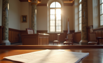 L’article 750-1 CPC : quelles implications pour les juges ? Intérieur d'un tribunal français avec colonnes en marbre et bancs en bois