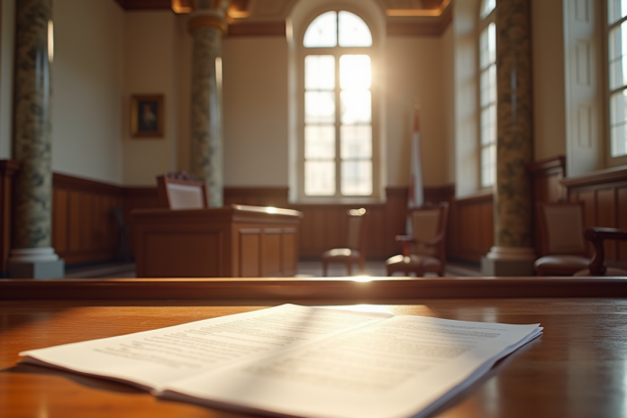 Intérieur d'un tribunal français avec colonnes en marbre et bancs en bois