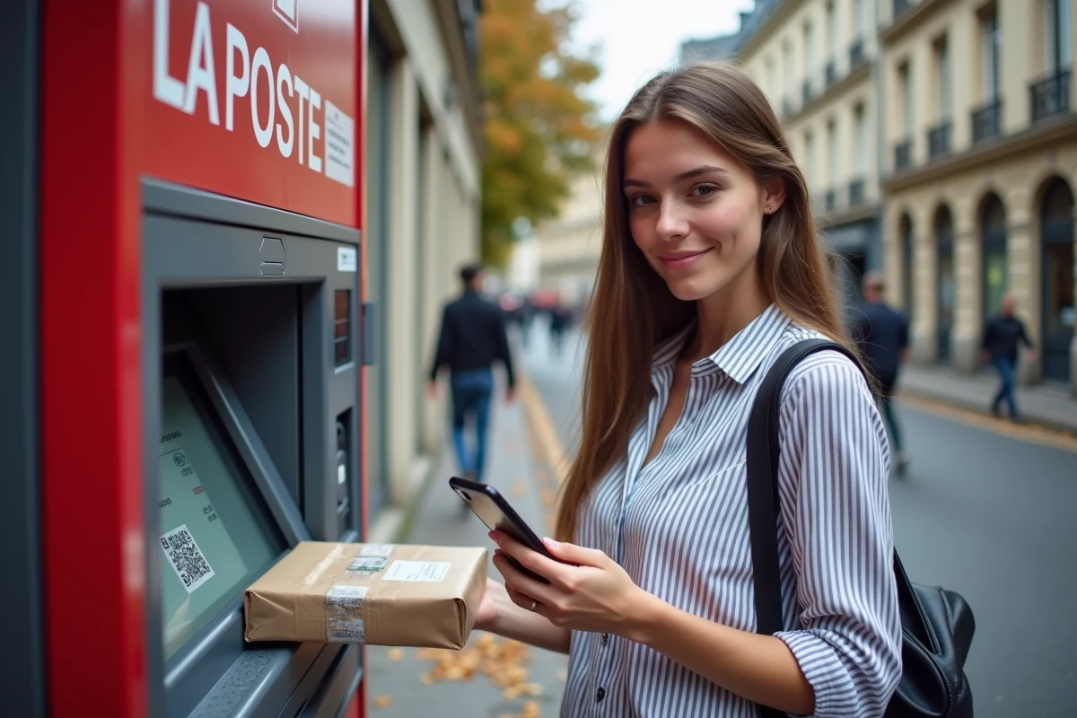 Jeune femme scannant un QR code sur une borne automatique La Poste pour un retour de colis en ville