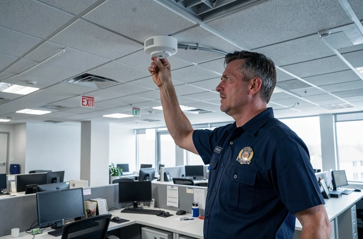 Technicien Sécurité Apar installant un détecteur d'alarme incendie dans un bureau commercial à Montpellier