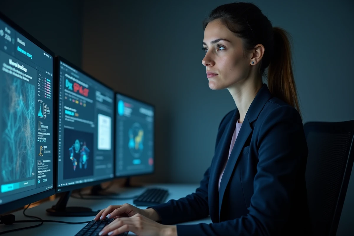 Femme spécialiste en cybersécurité analysant des alertes sur des écrans dans un centre opérationnel
