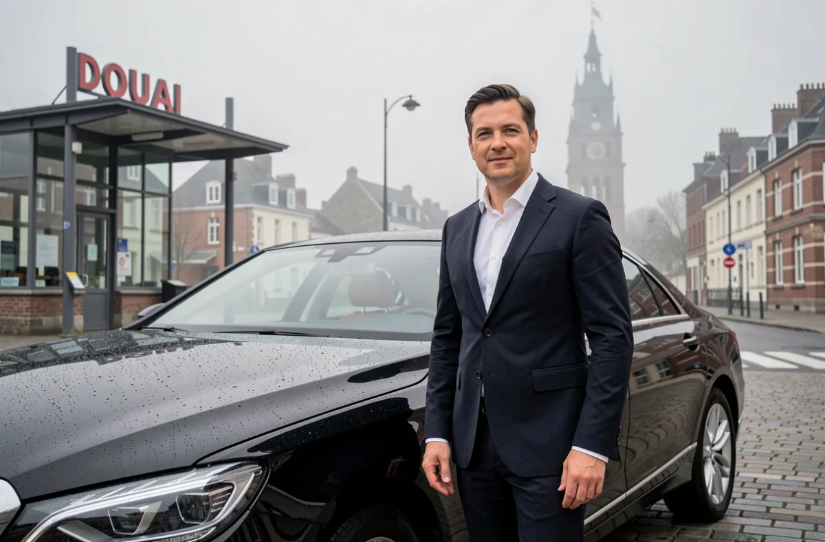 Chauffeur VTC en veste sombre devant sa berline près de la gare de Douai avec le beffroi en arrière-plan