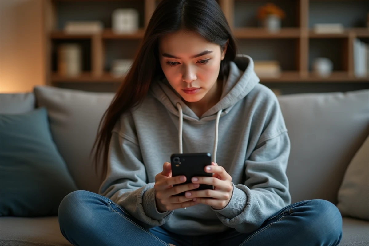 Jeune femme consultant une story Snapchat anonyme sur son smartphone depuis son canapé