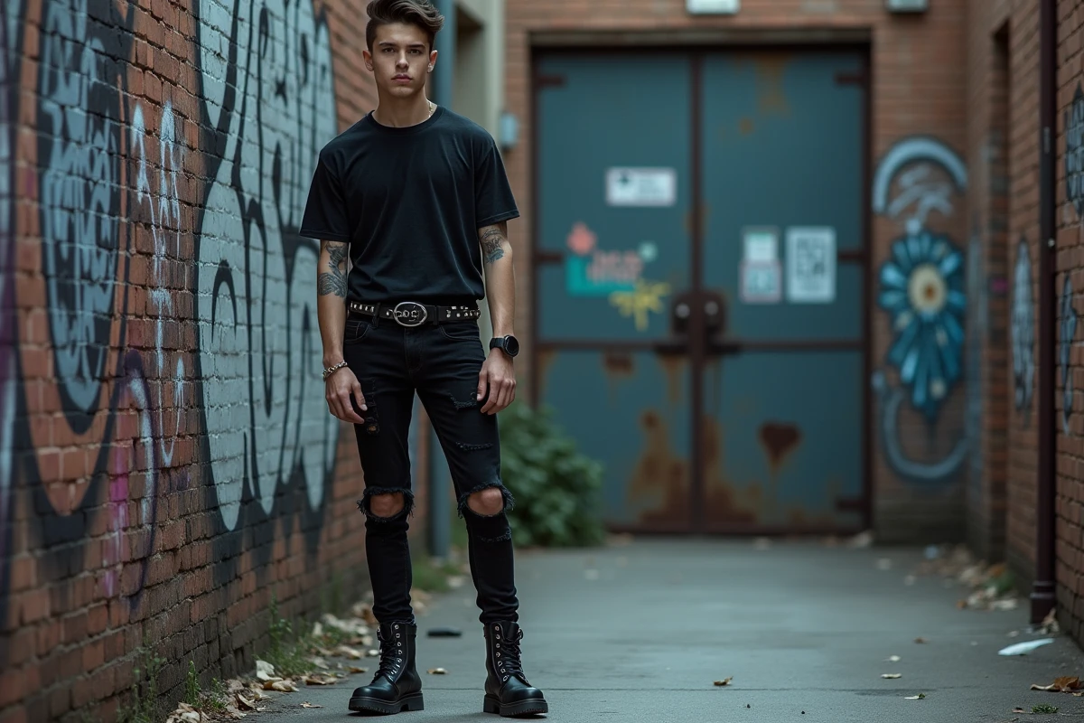 Jeune homme en style dark et alternatif tout de noir vêtu devant un mur de briques couvert de graffitis dans une ruelle urbaine