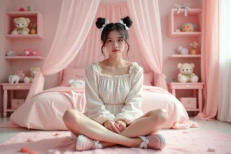 Jeune femme en tenue pseudo kawaii assise sur le sol d'une chambre rose pastel avec robe babydoll, chaussures plateforme et barrettes en forme de nœud