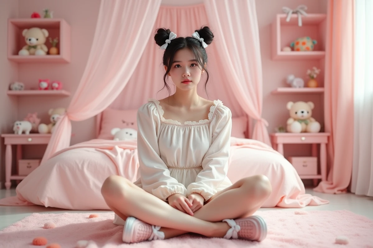 Jeune femme en tenue pseudo kawaii assise sur le sol d'une chambre rose pastel avec robe babydoll, chaussures plateforme et barrettes en forme de nœud