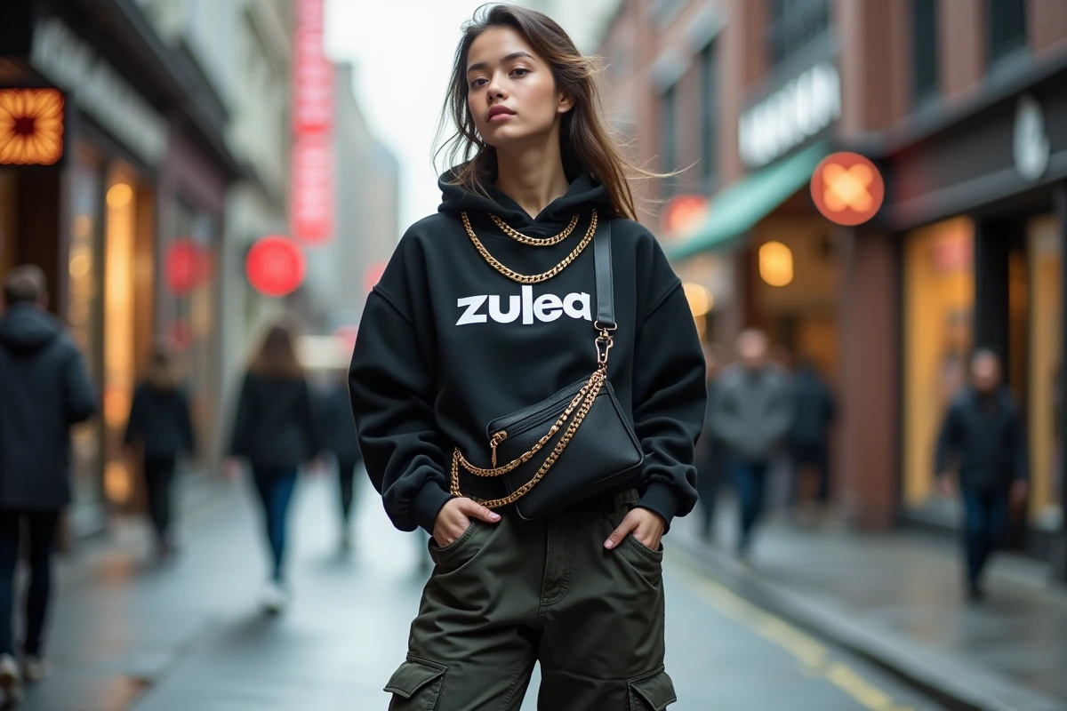 Jeune femme en tenue streetwear tryhard très coordonnée avec hoodie brandé, cargo pants et sneakers dans une rue animée de la ville