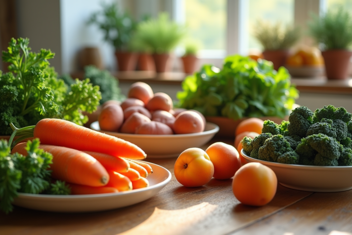 Table en bois avec aliments riches en vitamine A