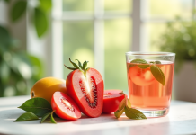 Arrangement de tamarillo tranché et eau infusée naturelle
