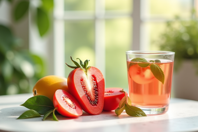Arrangement de tamarillo tranché et eau infusée naturelle