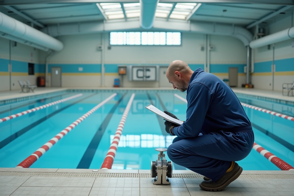 Technicien de maintenance inspectant les équipements de filtration d'une piscine collective professionnelle