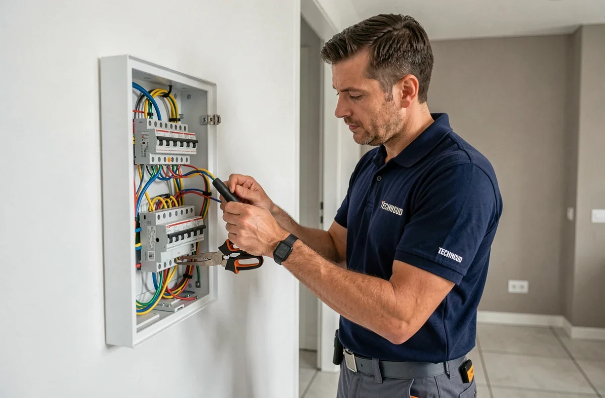 Technicien électricien de Technisud intervenant sur un tableau électrique dans un appartement moderne de Montpellier