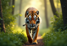 Tigre bengale majestueux dans la forêt verte ensoleillée