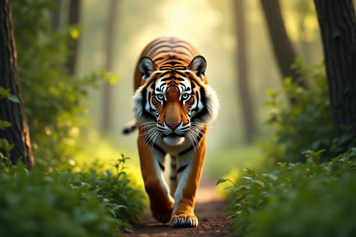 Tigre bengale majestueux dans la forêt verte ensoleillée