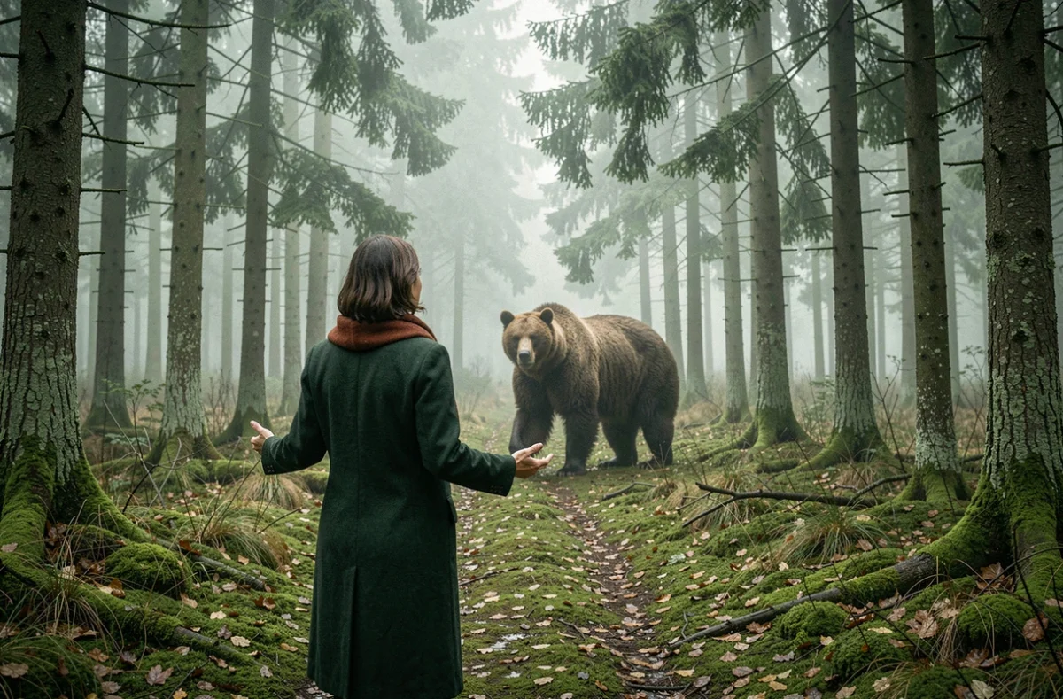 Femme de dos observant un ours dans une forêt brumeuse évoquant un rêve totem ou un rêve guide spirituel