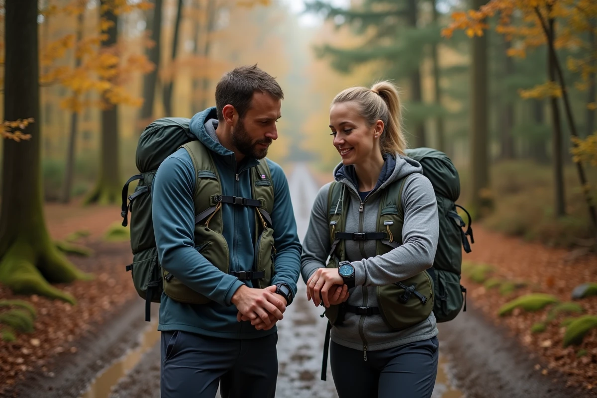 Deux traileurs en forêt consultant une montre GPS pour convertir les miles en kilomètres lors d'un entraînement trail