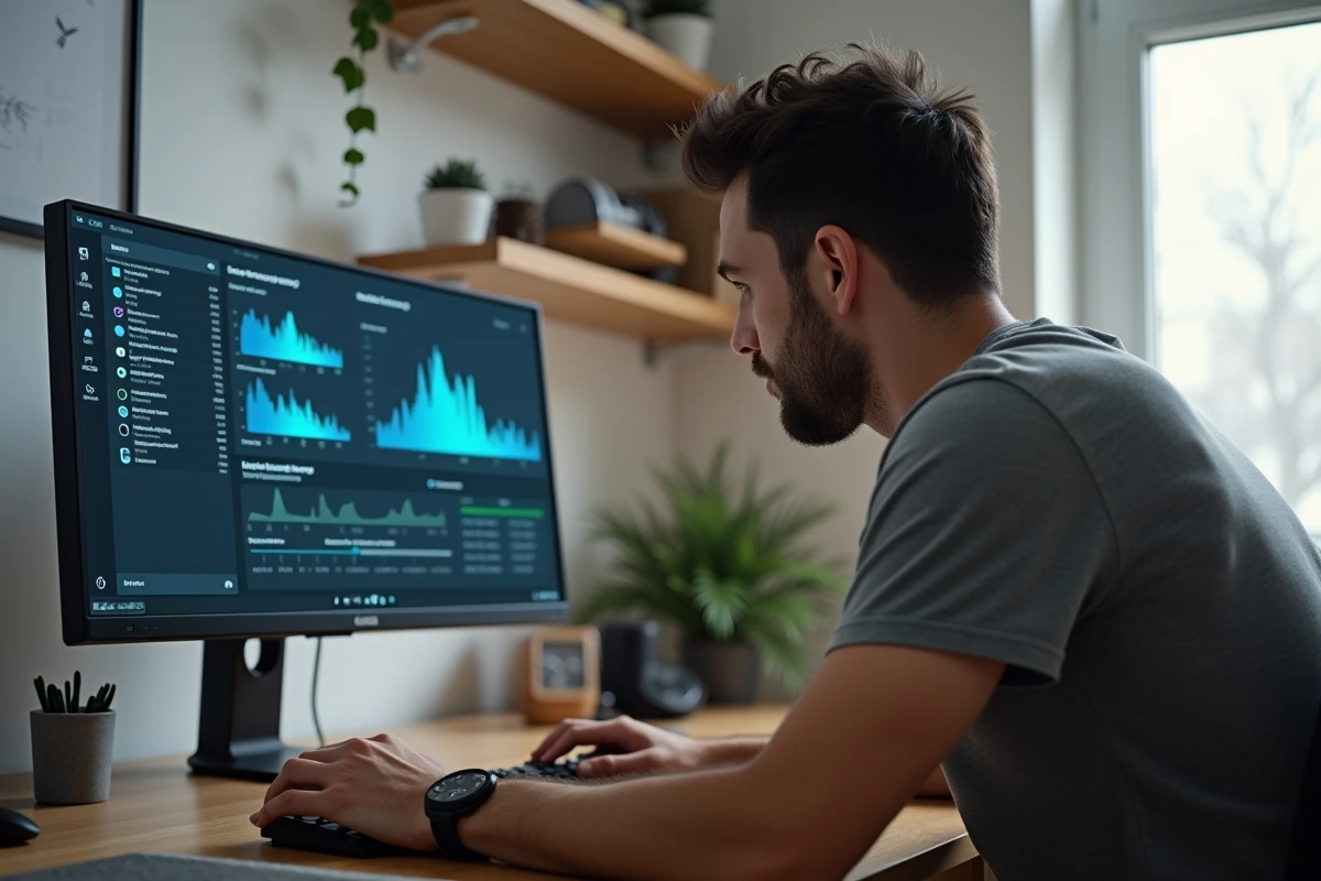 Homme vérifiant la configuration minimale de son PC pour jouer à Aeonscope Game sur un bureau à domicile