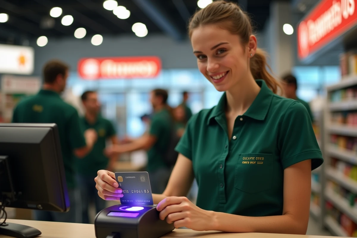 Employée de commerce vérifiant l'authenticité d'une Carte Couronne Stellaire sous lampe UV en magasin