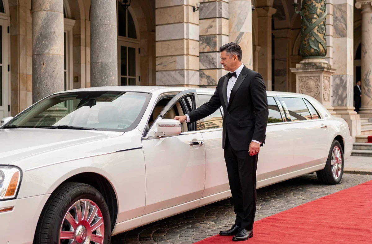 Chauffeur en tenue élégante ouvrant la porte d'une limousine blanche devant un lieu événementiel à Lille