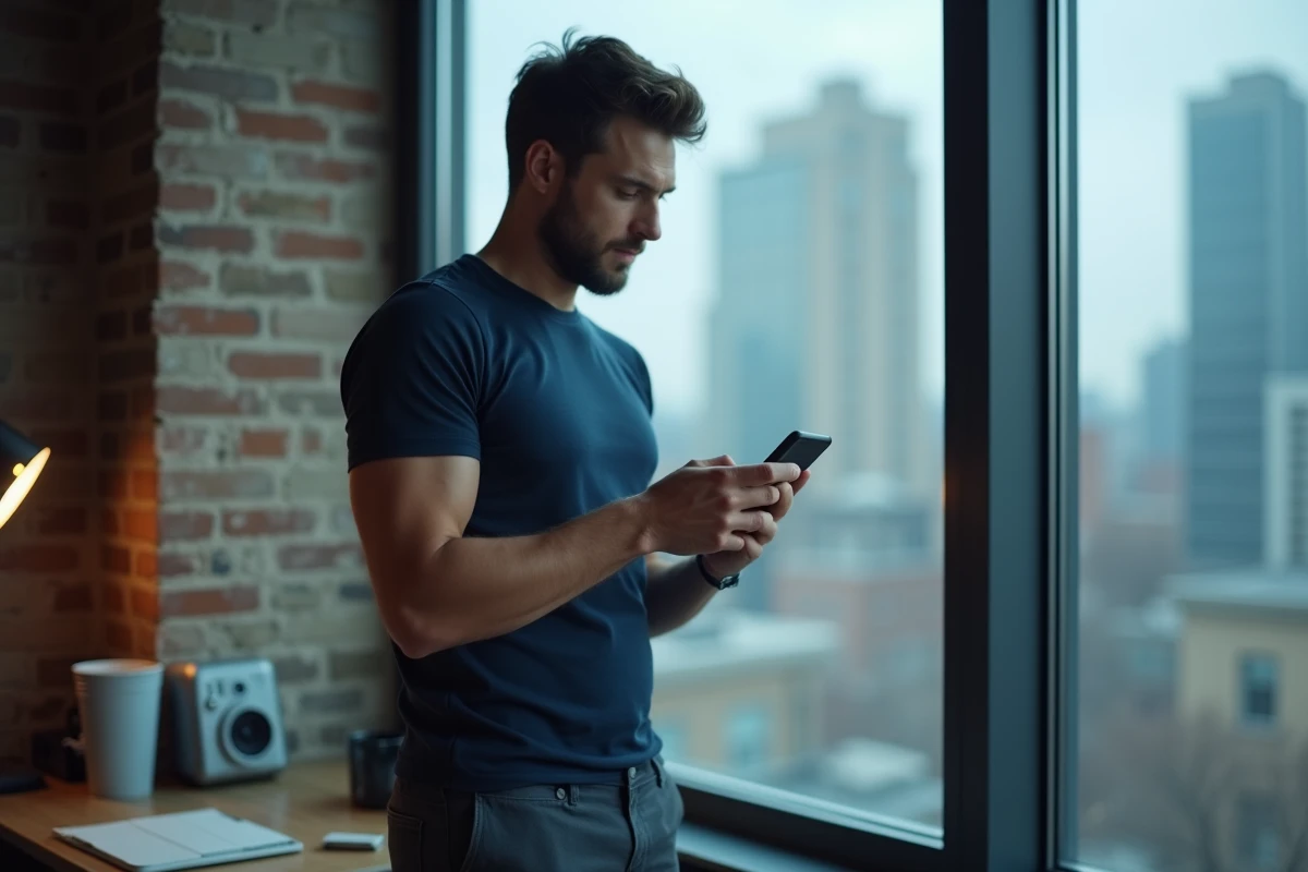 Homme utilisant Snapchat sur mobile pour voir des stories de manière anonyme dans un appartement urbain