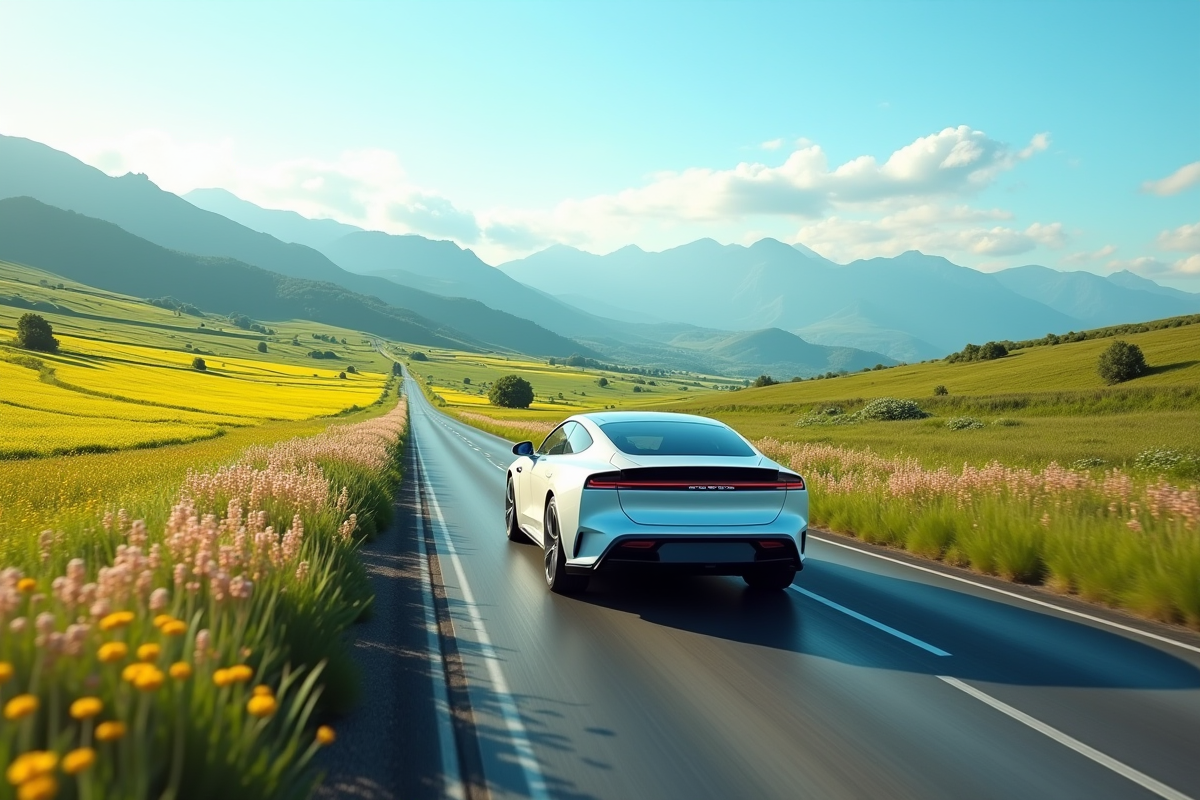 Voiture hybride roulant dans la campagne avec nature