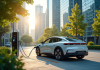 Voiture hybride en charge dans une station urbaine écologique