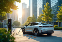 Voiture hybride en charge dans une station urbaine écologique