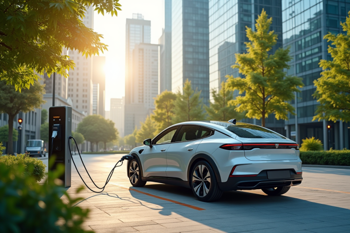 Voiture hybride en charge dans une station urbaine écologique