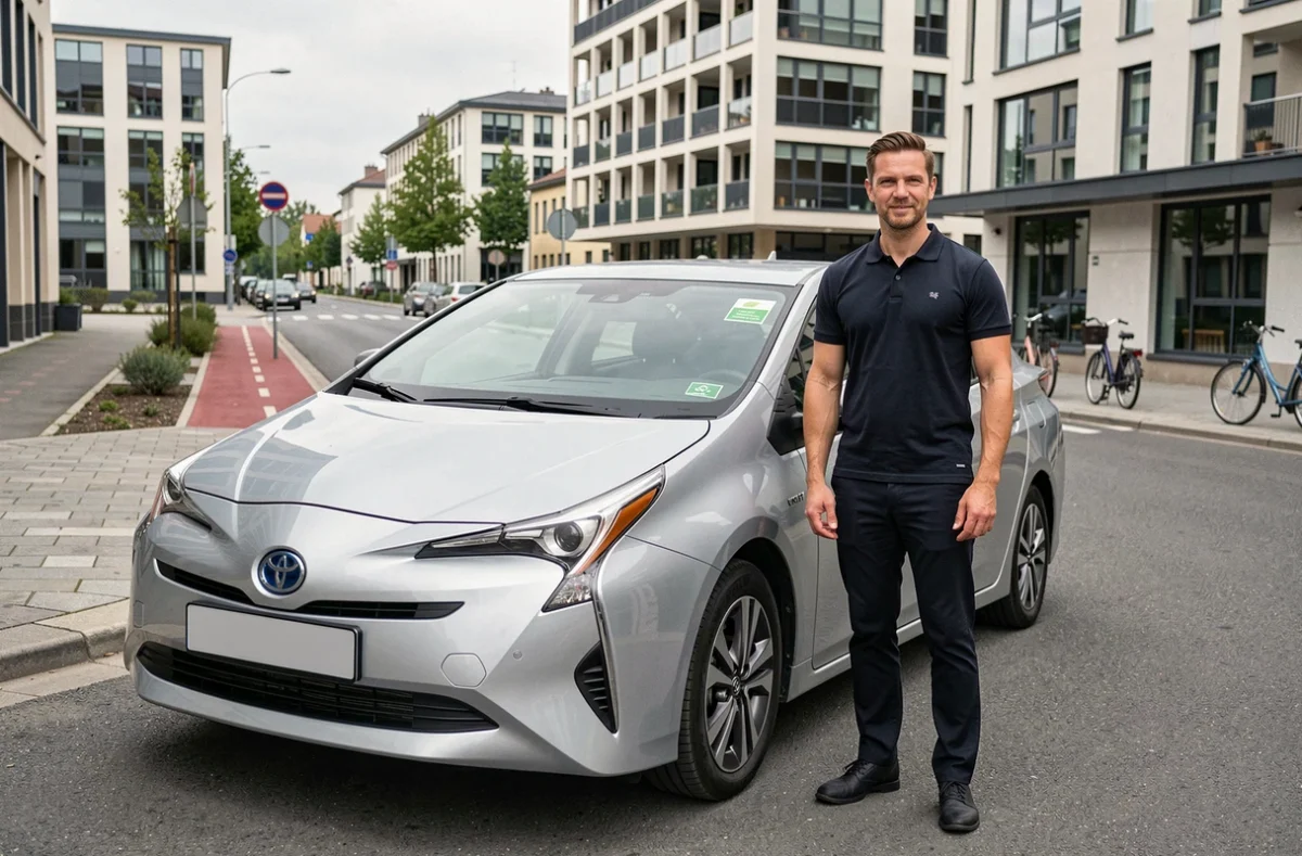 Chauffeur VTC debout devant une berline hybride argentée dans une rue urbaine du Nord avec architecture moderne en fond