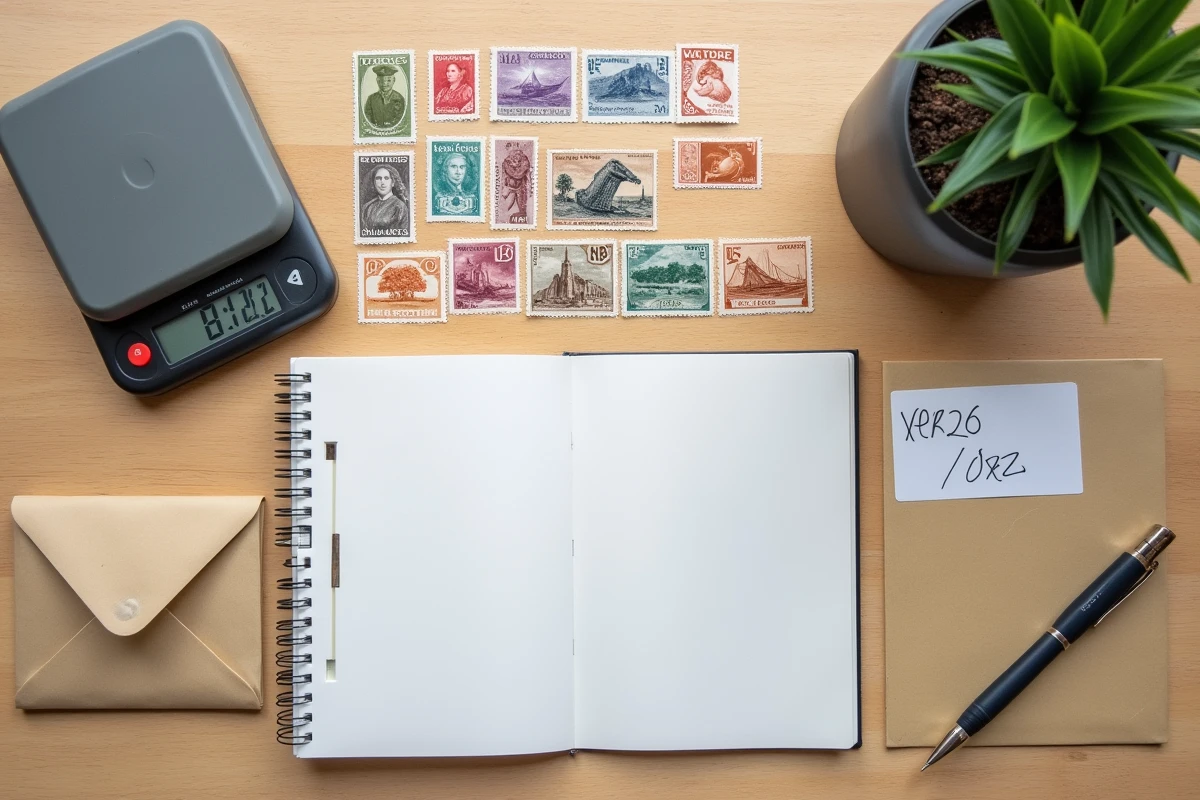 Vue de dessus d'un bureau avec des timbres variés, une balance postale et des enveloppes prêtes à être affranchies